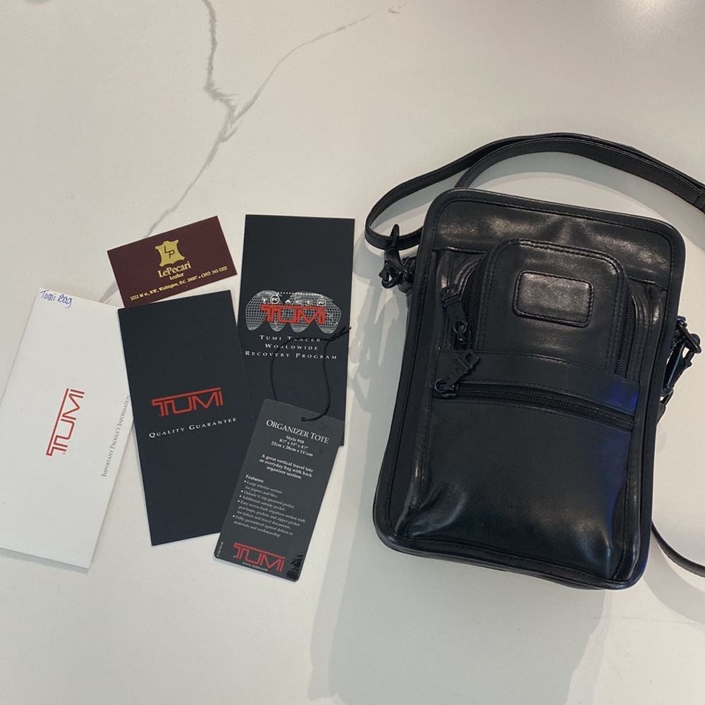 Tumi Leather Organizer Sling, Shoulder Bag, Crossbody, 8 1/4” x 11” x 4 1/2”
